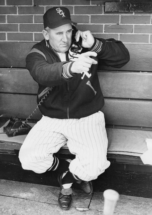 Classic 1959 Scene - Lollar, Lopez, and Fox on the mound in Yankee